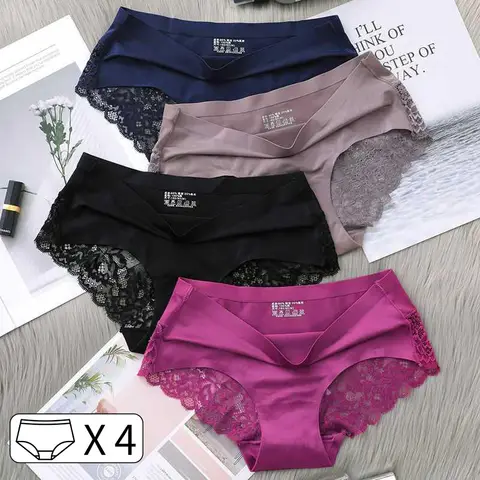 4Pcs 여성 팬티 절묘한 레이스 속옷 실크 새틴 섹시한 원활한 여자 란제리 여성 팬티 플러스 사이즈 컴포트 속옷
