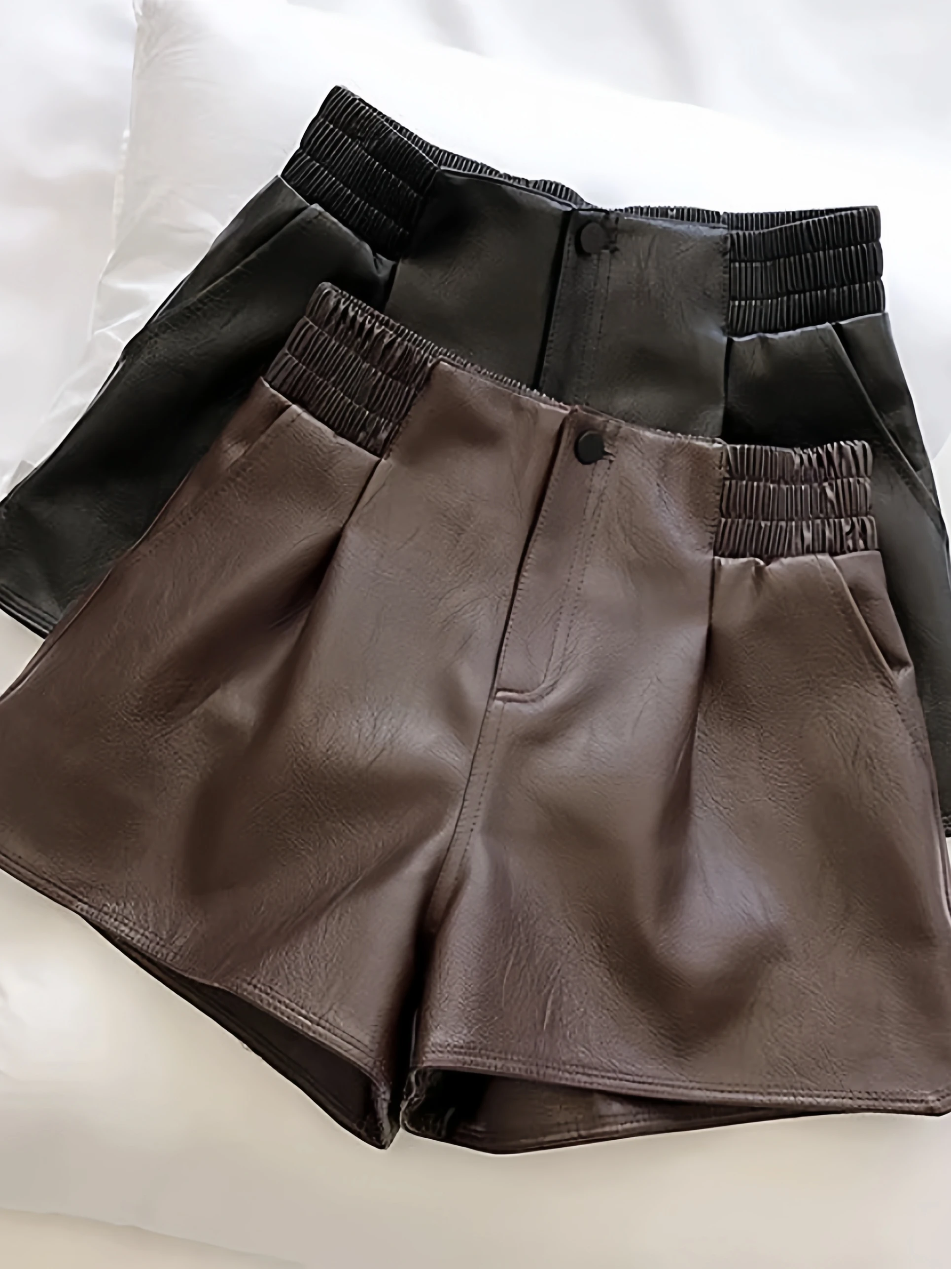 

High Waist PU Leather Shorts Women's Autumn Winter Loose Wide Leg A-Line Casual Pants Commute Style Pure Color Button Closure