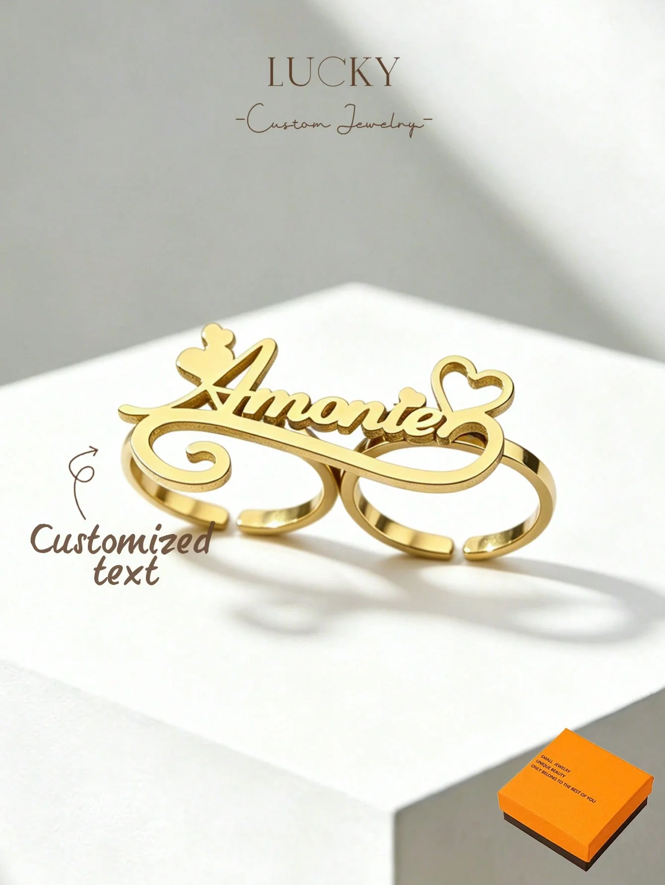 1 DIY custom women's double ring open ring, customizable name, simple daily style, product includes gift box, suitable for women