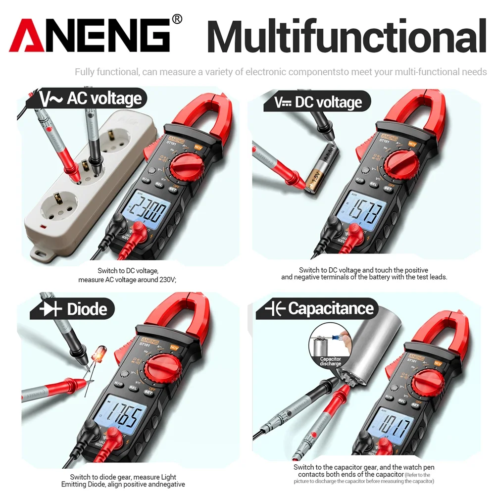 ANENG 클램프 미터 ST181 4000 카운트 400A 전류계 커패시턴스 온도 옴 Hz 테스터 VD802 전압 검출기 테스터 도구