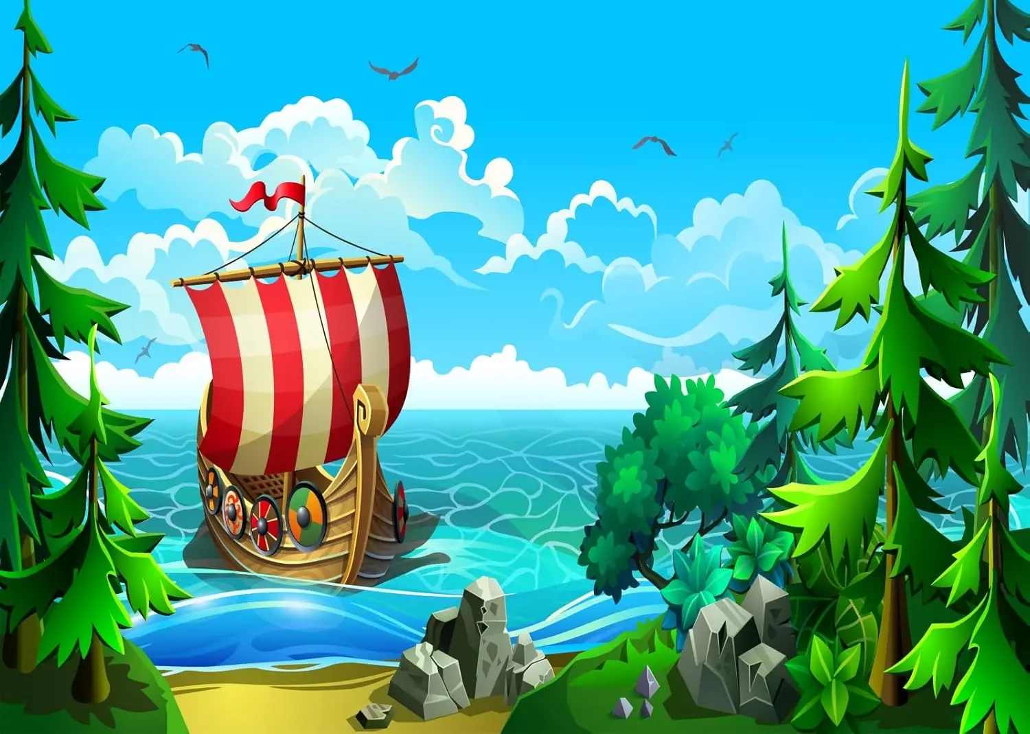 

Мультфильм пиратский корабль корабль викингов Рокки Coastline песчаный пляж дети приключения вечерние фото фон фон для фотосъемки