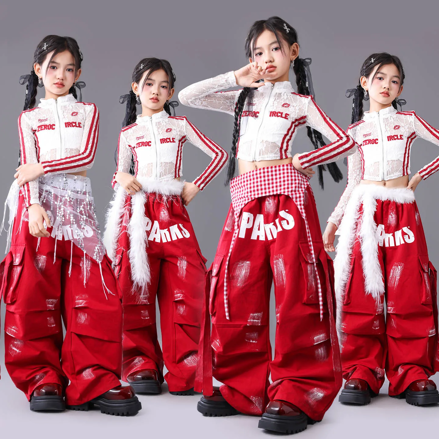 

2025 Girls Groups Jazz Dance Clothes Hip Hop Dance Costumes Mesh Top Red Cargo Pants Street Dance Catwalk Show Wear DQL12289
