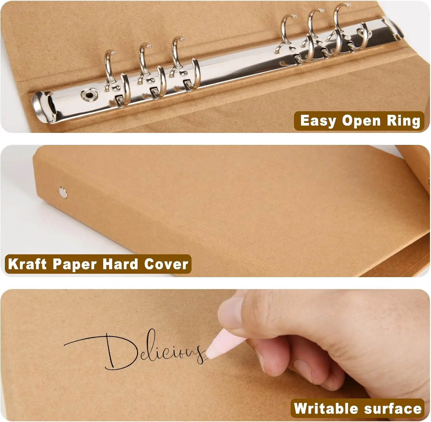 Nueva Carpeta Kraft A5 con 6 Anillas Redondas, Cubierta Protectora Resistente para Diario, Cuaderno, Hojas Insertables
