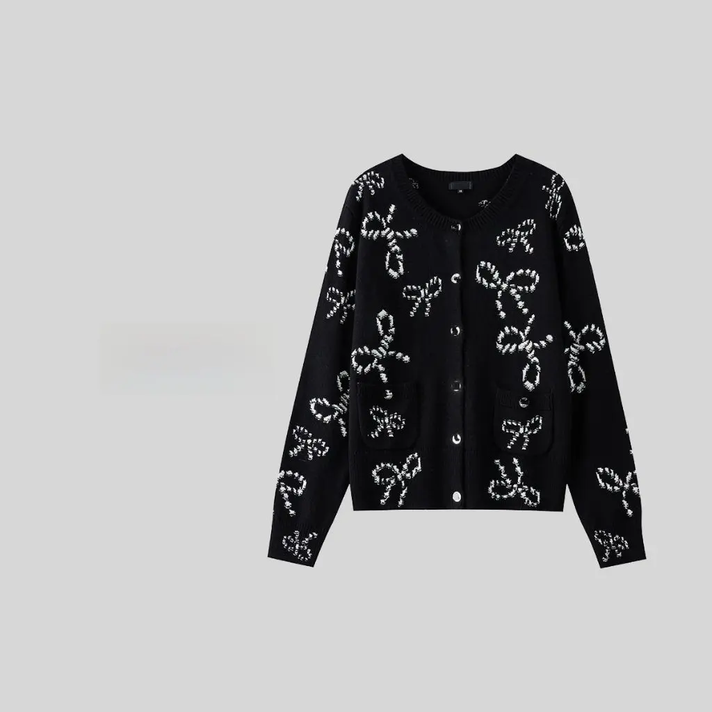 

Nanyou Classy plus Size Women's round Neck Bow Knitted Cardigan Long-Sleeved Ben Xiaoxiang Style Cashmere Sweater Top