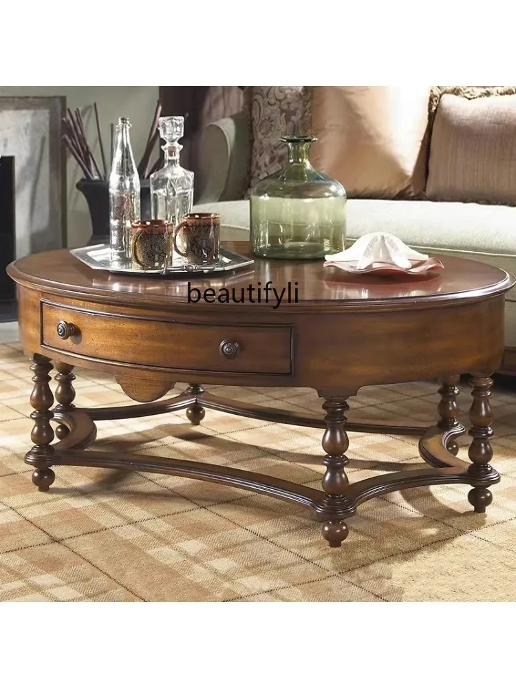 Solid Wood Carving Retro Coffee Table Distressed Light Luxury and Simplicity Coffee Table with Tea Table Drawers