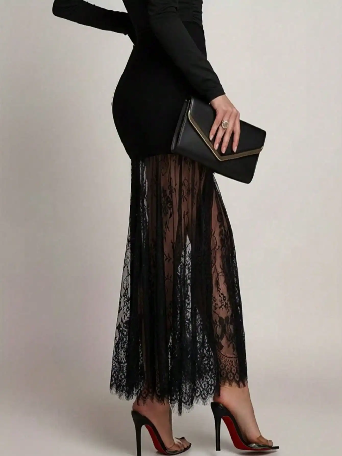 Elegant Women's Long Bodycon Skirt, with Contrasting Lace Details, Knitted Fabric, Medium Stretch, Sexy Design