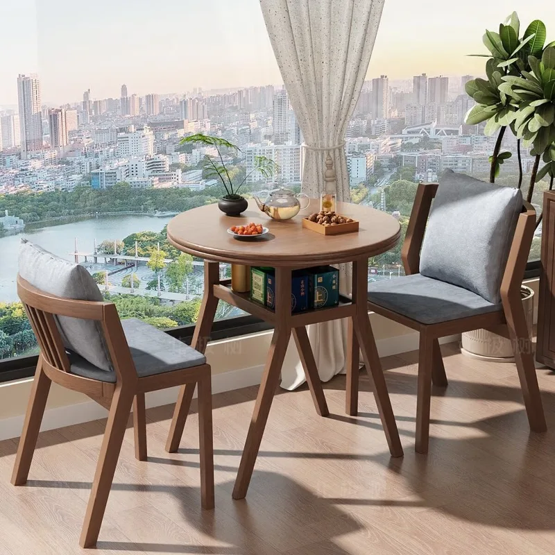 

Round solid wood balcony tea table and chair combination, casual tea drinking three-piece set