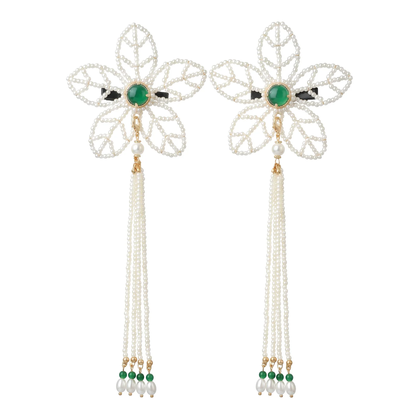Hair Clip Elegant Hanfu Wedding for Women Green Faux Pearl Tassel Hairpin Traditional Chinese Leaf Alloy Jewelry Accessory