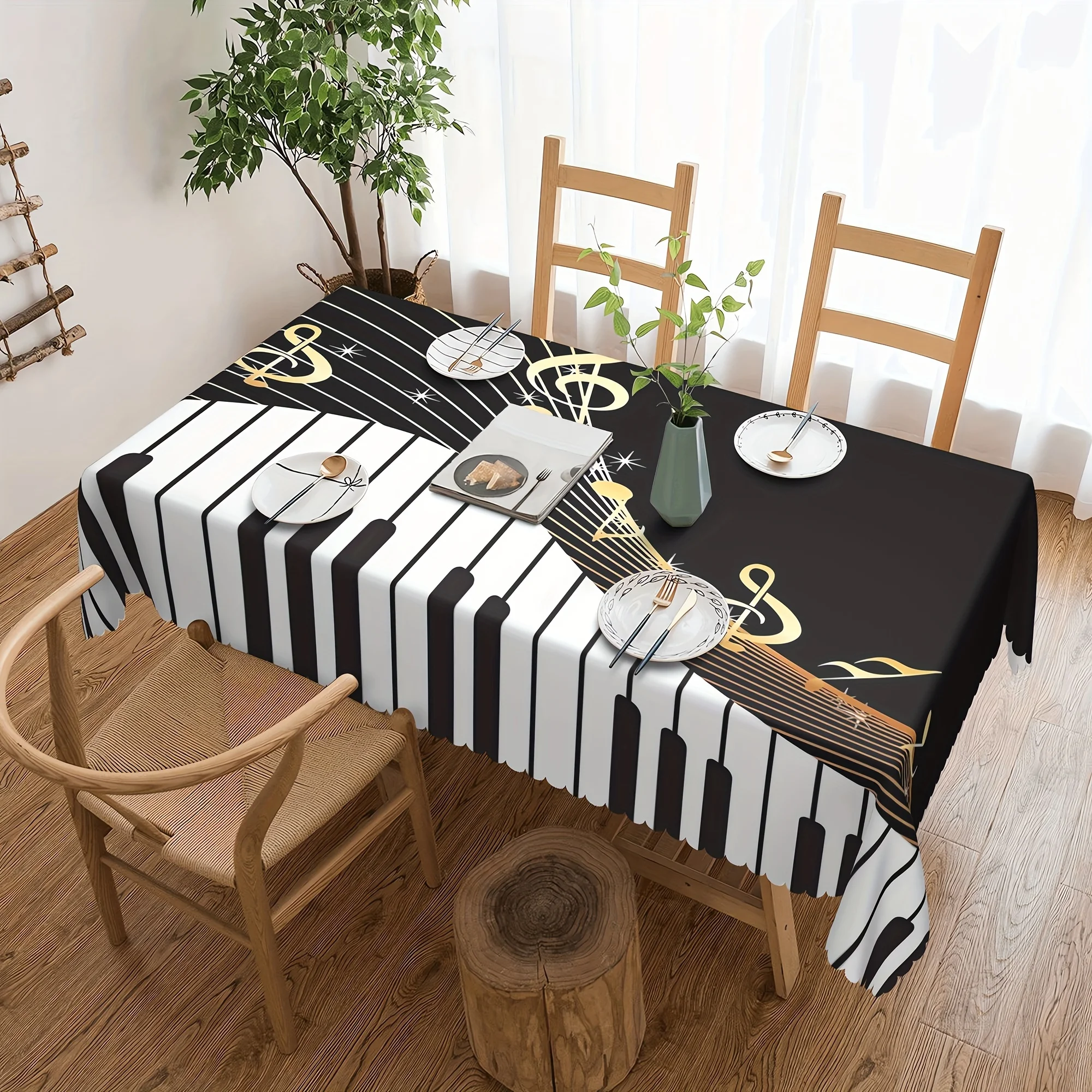 Piano Music Note Print Home Living Room Kitchen Rectangular Dustproof Dining Table Tablecloth Birthday Party Dinner Decoration