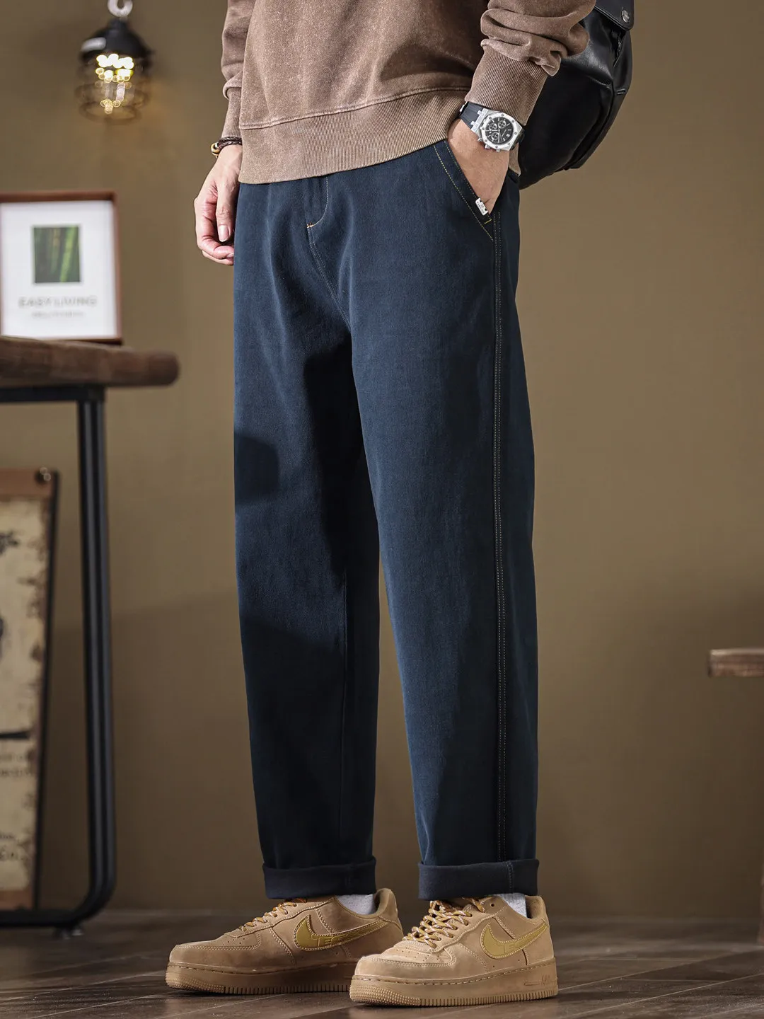 

Высококачественные мужские повседневные брюки свободного кроя с флисовой подкладкой, винтажные рабочие брюки-харлан из смесового хлопка, дышащие, осенне-зимние