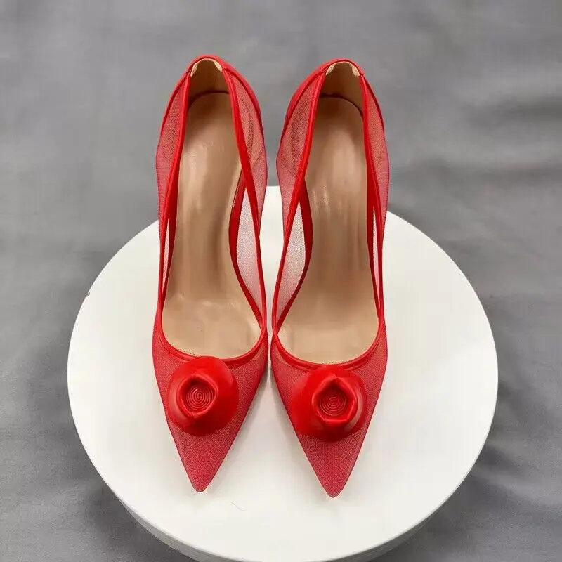 Tikicup Red Matte Women Summer Gauze Transparent Pointy Toe High Heel Shoes for Wedding Party Elegant Ladies Stiletto Pumps