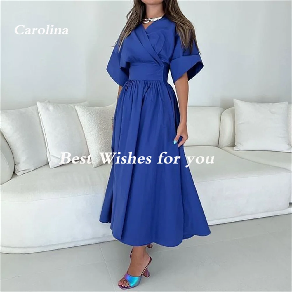 Carolina Elegant V-Neck Evening Dresses Blue Half Sleeves Open Back A-Line Simple Vintage Robe De Mariée Party Gown Women