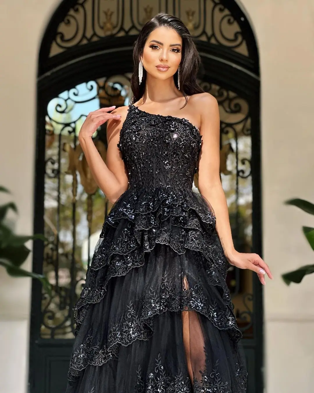 Sapmae-vestido de ventilação de lantejoulas frisado com um ombro para mulheres, linha A, trem da corte, bordado, preto, baile elegante, festa formal