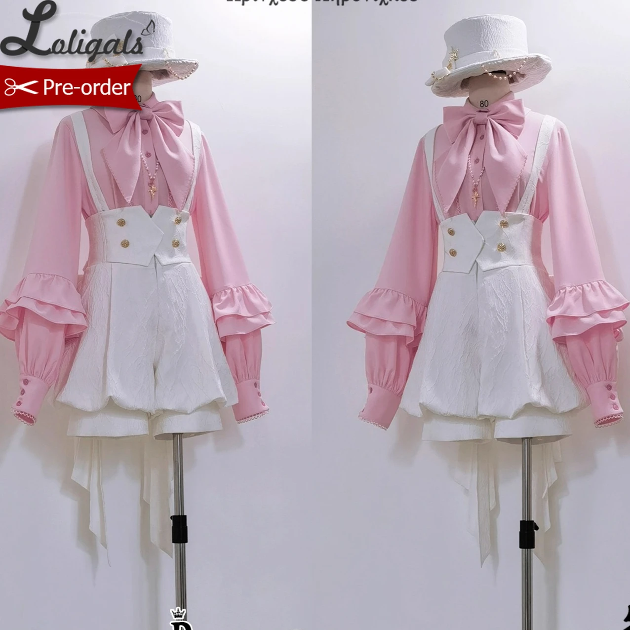 

Sweet Pink Long Sleeve Lolita Shirt Retro White Ouji Prince Suspender Shorts w. Bow ~ Elegant Doll by Princess Chronicles