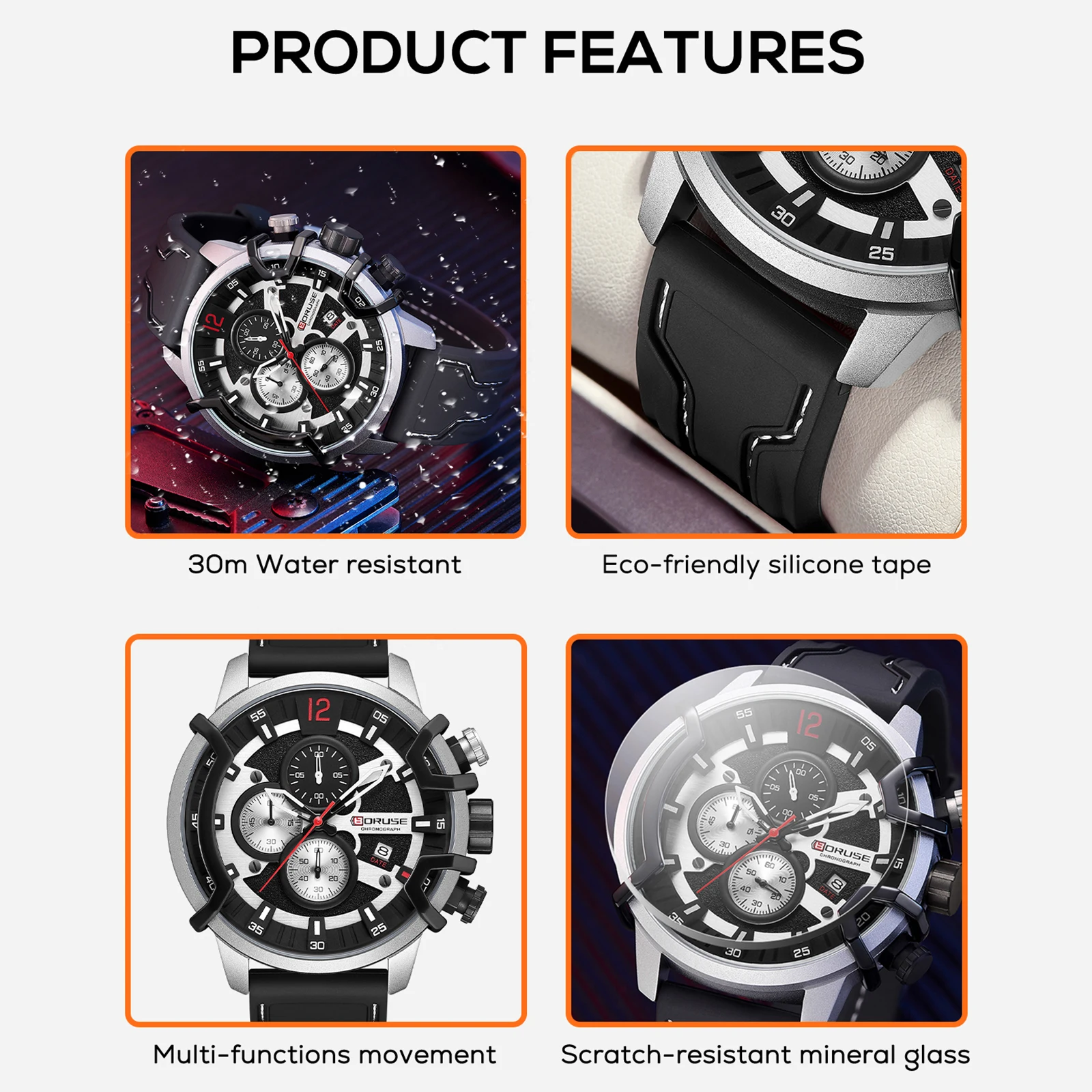 BORUSE Men\'s Chronograph Watch Fashion Luxury Quartz Watch Silicone Strap Calendar Date Waterproof Watch Relogio Masculino