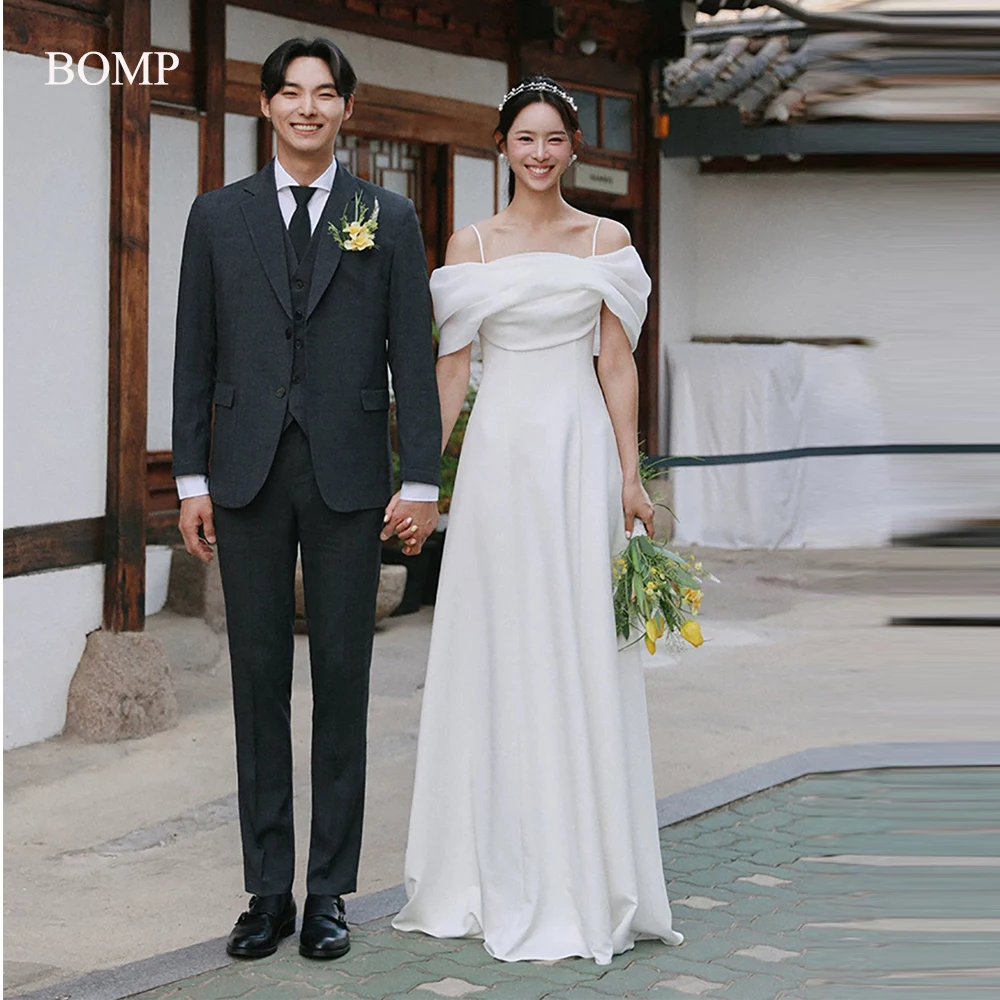 Bomp elegante fora do ombro uma linha coreia vestidos de casamento sessão de fotos até o chão uma linha vestidos de noiva espartilho volta personalizado