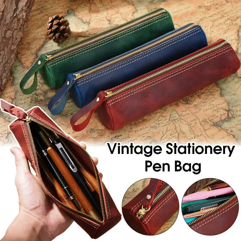 

Handmade Cowhide Leather Pen Bag Vintage Pencil Case Cosmetic Brush Pouch Pen Pencil Case Stationery Storage Bag School Supplies