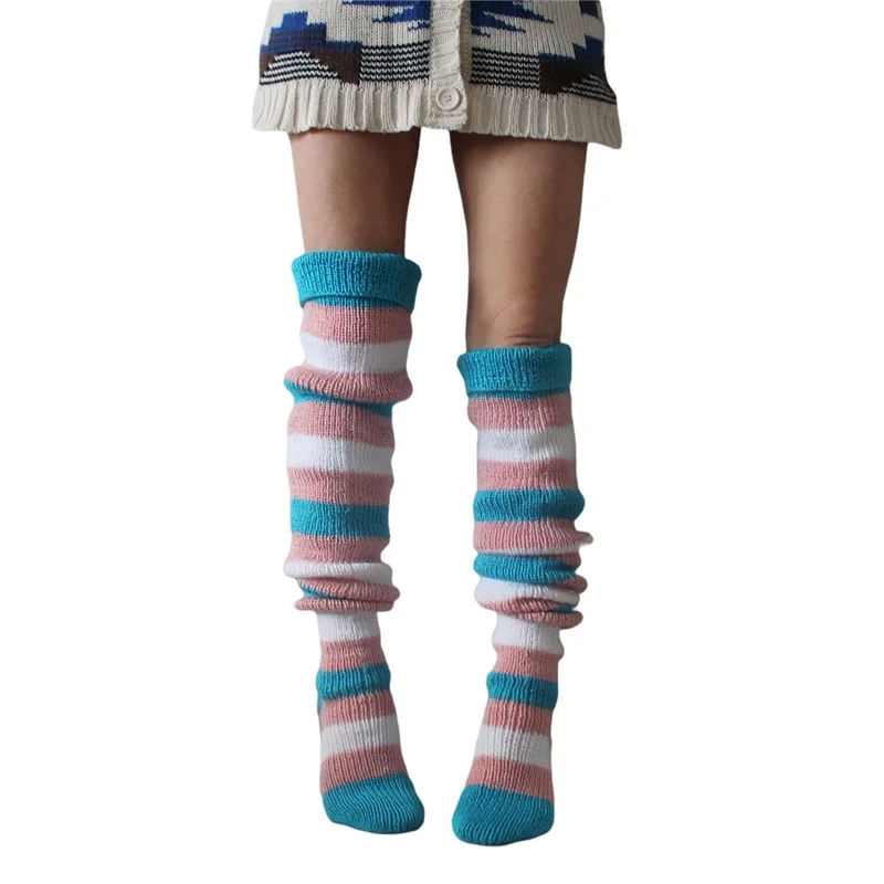 Ladies Knitted Stockings Adults Women Autumn Winter Leisure Style Mixed Color Stripes Knee-high Socks Long Stockings