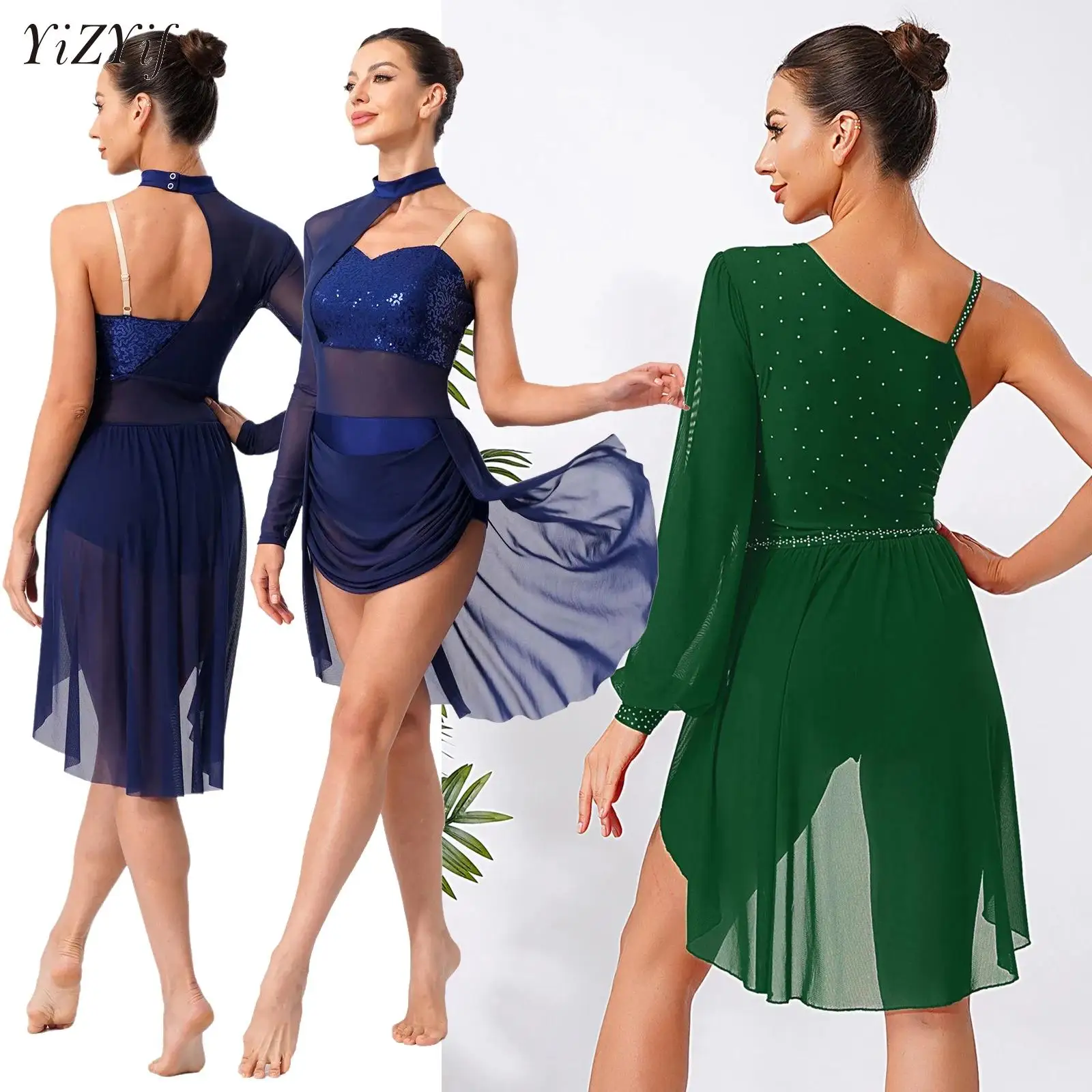 

Womens Single Sleeve Ballet Dress Rhythmic Gymnastics Lyrical Latin Dance Performance Costume Shiny Rhinestones Mesh Maxi Dress