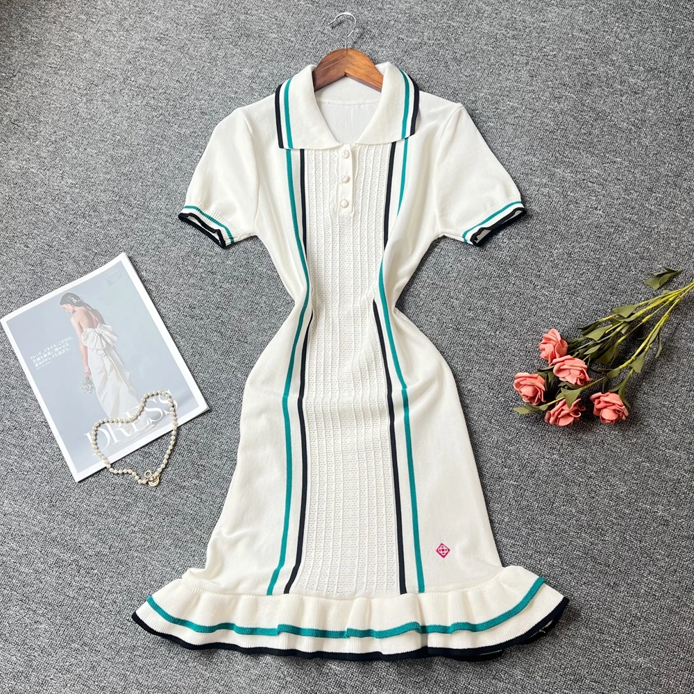 YuooMuoo Women Dress 2025 Summer Vintage Turn-down Collar Knitted Mini Dress Lady Slim Elastic Ruffled Bodycon Party Dress Robes image 2