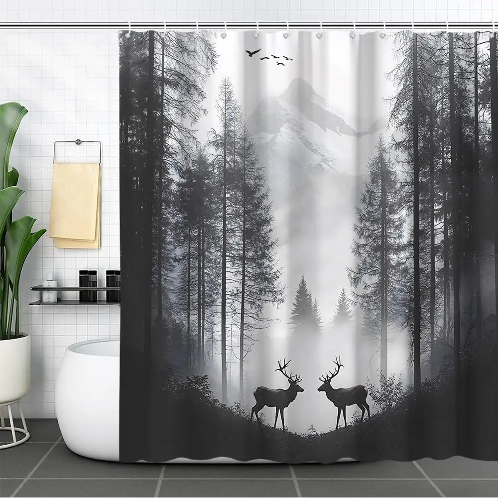 Forest Deer Shower Curtain Grey Foggy Montains Pine Tree Wildlife Elk Moose Hunting Outdoor Rustic Cabin Lodge Nature Landscape