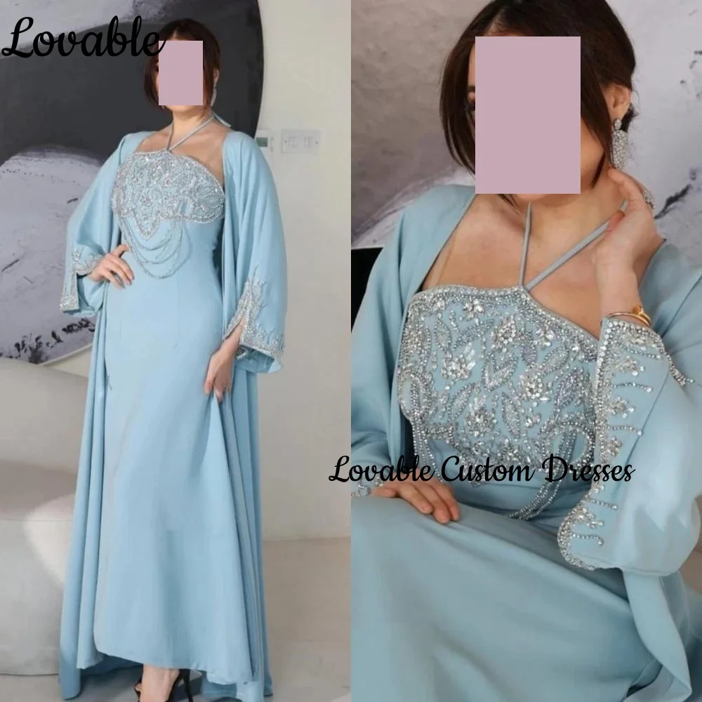 

فساتين سهرة Column Long Sleeves Prom Dress Beadings Formal Occasion Dresses Halter Floor-Length Dresses For Special Events
