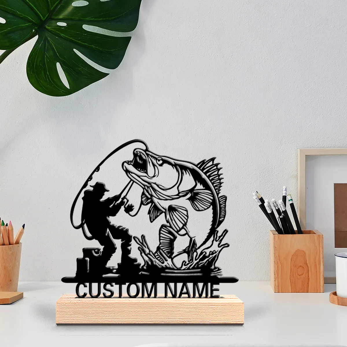 1pc Beauty Personalized Custom Fishing Metal Statues Fishing Enthusiast Gift With Wooden Stand Suitable For Office Bedroom And