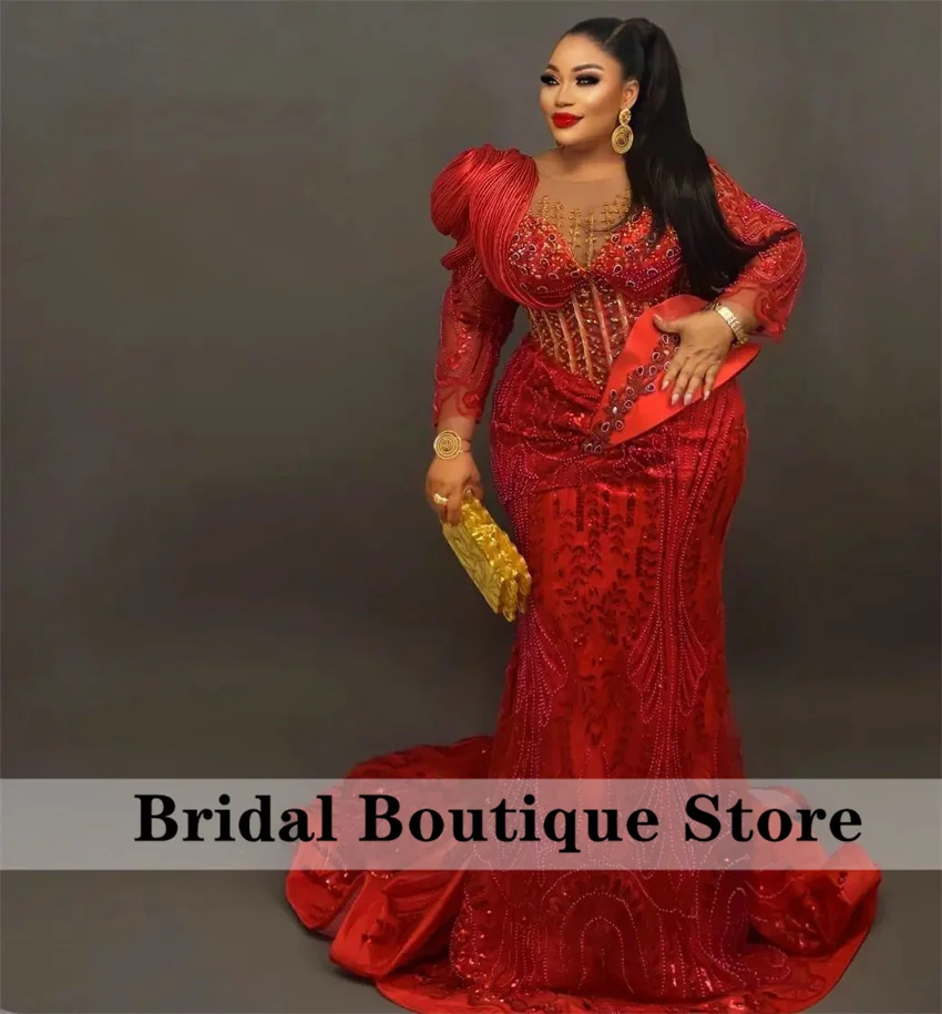 

Luxury Red Mermaid Evening Dress Crystal Beading Birthday Wedding Prom Party Gowns Aso Ebi Robes De Soirée Customized