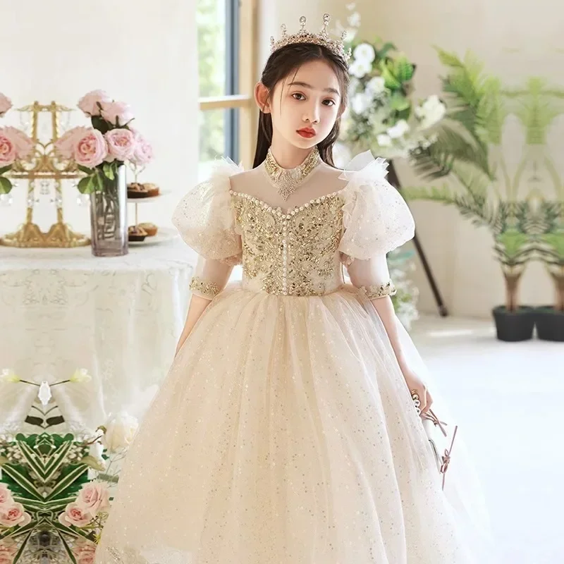 Flower Girl Dress 2024 Spring New Long sleeved Fluffy Yarn Walk Show Host Piano Performance Dress