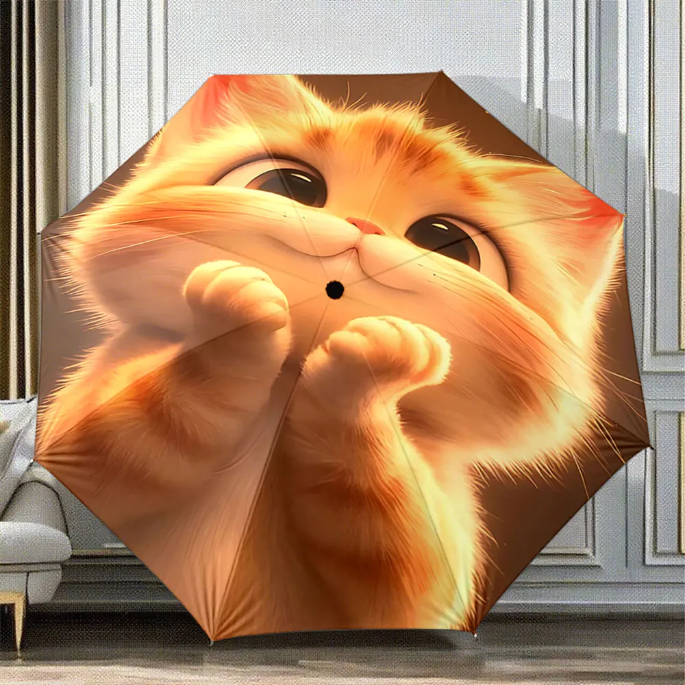Cute Orange Kitten Clapping Paws Art Print, Portable Folding Umbrella, Gift for Family Friends
