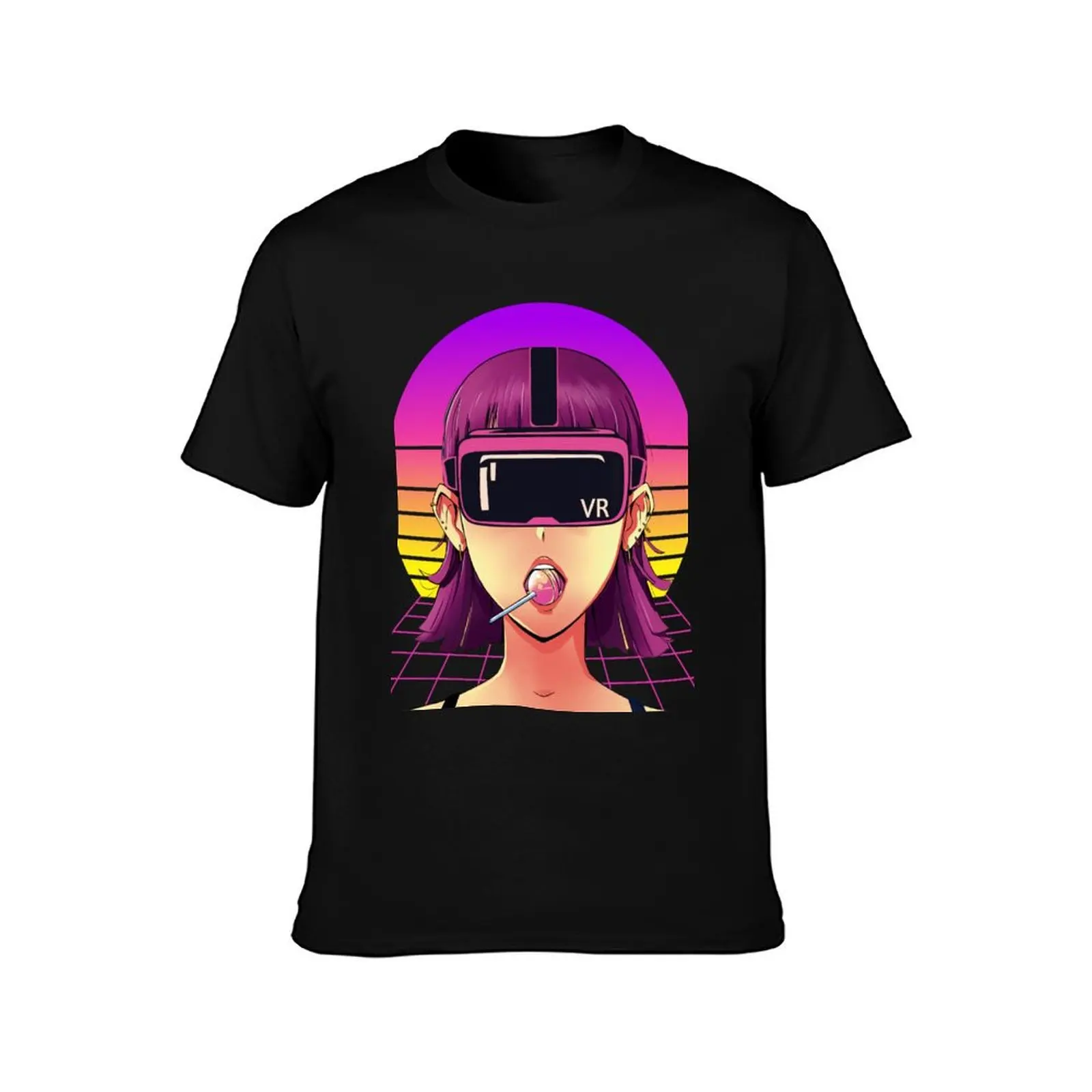 Cyber Virtual Reality Anime Girl VR Headset Futuristic Looking T-Shirt Summer Casual Cotton Tee Oversized Streetwear Tops
