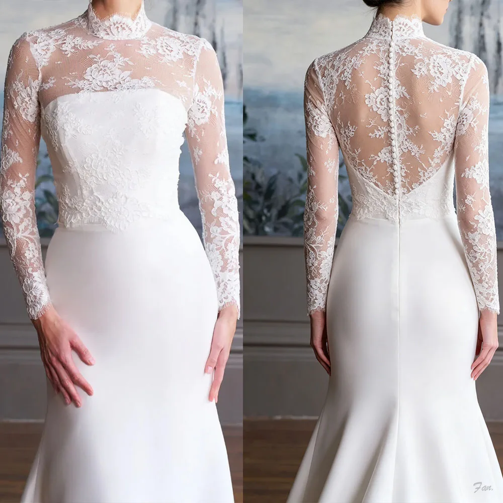 Luxury Ivory Sheer Lace High-Neck Bridal Bolero with Pearl Button Back and 3D Floral Applique Women Customized J26564