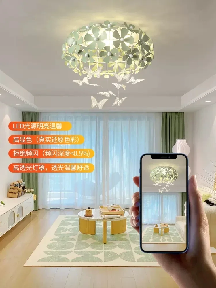 Bedroom light cream style flower ceiling decoration, modern and simple creative butterfly girl book room lighting