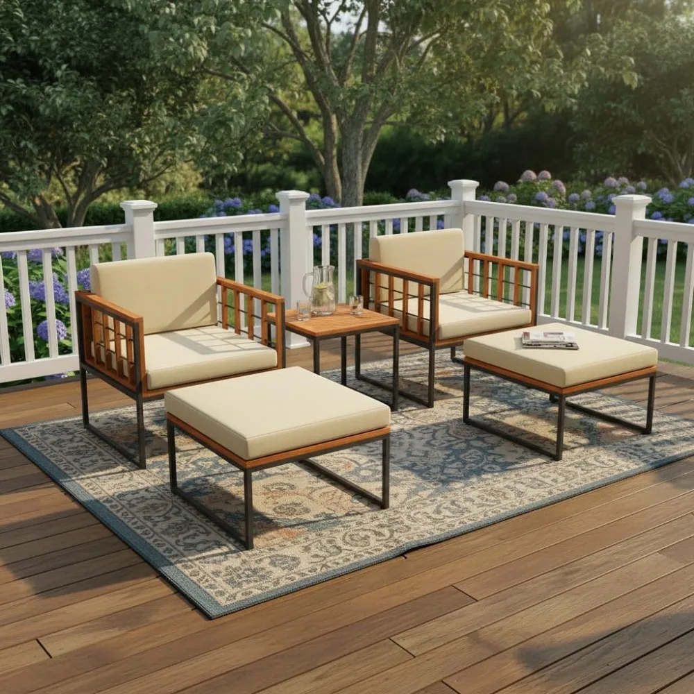 

5 Pieces Acacia Wood Patio Furniture Set with Ottomans, Outdoor Conversation Set with Soft Cushions and Coffee, Customized