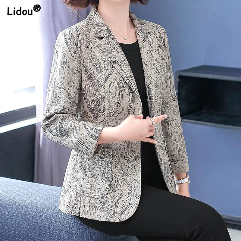 Graphic Casual Printing Temperament Oversized Blazers Straight Pockets Button Women\'s Clothing Loose Autumn Winter Dignified