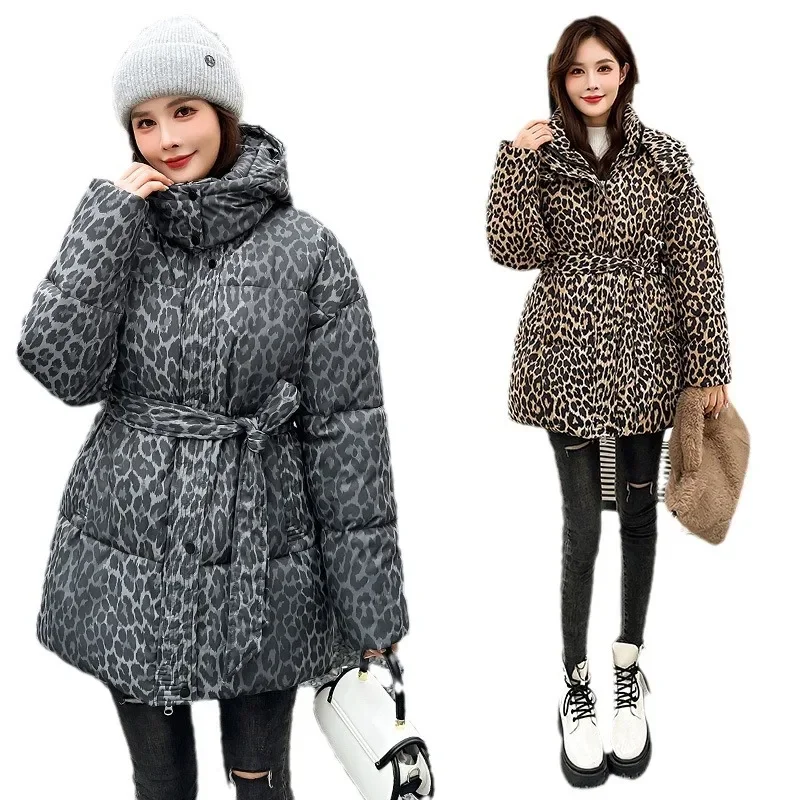 Fashion New Women\'s Clothing 2024 Winter Leopard Print Down Cotton Jacket Thickened Loose Cotton Jacket for Women