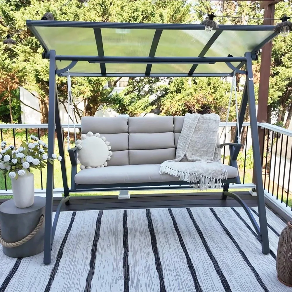 

3 Person Porch Swing Patio Swing Chair with PVC Canopy Outdoor Deluxe Modern Yard Hammock Swinging Chairs w/Solar LED Light and