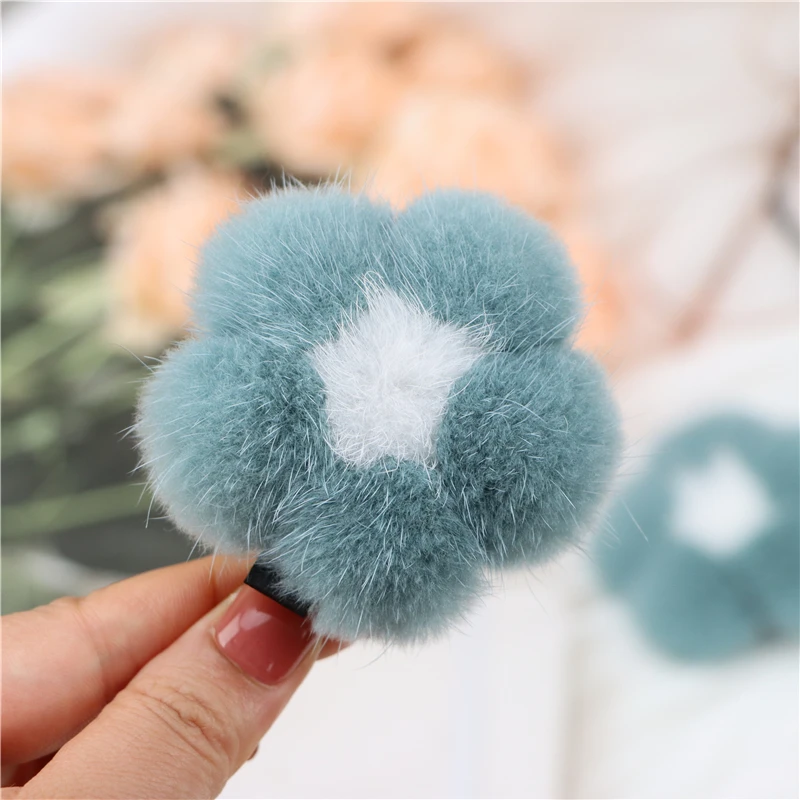 Mink Fur Flowers Five-Petal Flowers Fur Hair Clip Leather Band Hair Ring Cute Plush Head Rope Hair Ornaments Brooch Jewelry New