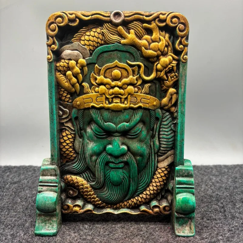 Chinese Kwan‑Wu Guan Yu Table Screen Statue Imitation Turquoise Finish Dragon Relief Carved Desktop Decor Collectible Ornament