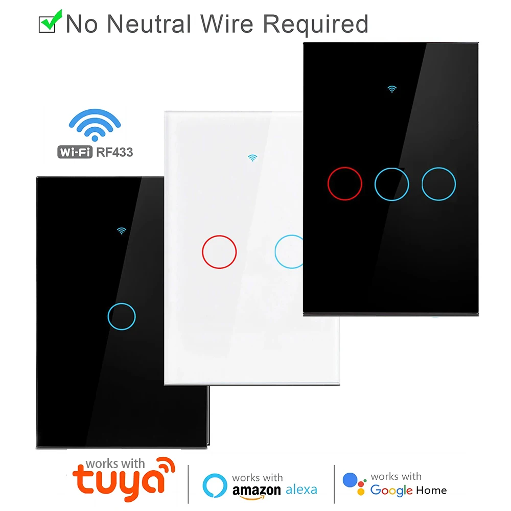 Kompatibel mit Tuya APP US WiFi Smart Wandschalter RF433 1/2/3-fach Ohne Neutralleiter Touch-Lichtschalter Smart Home Alexa Google Home