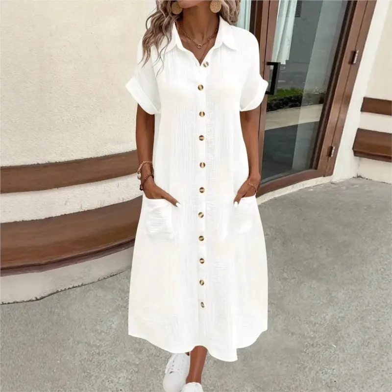 

2025 Summer Women's Dress New Fashionable Simple Sexy V-neck Button Single Breasted Short Sleeve With Pocket Dress Women's Wear
