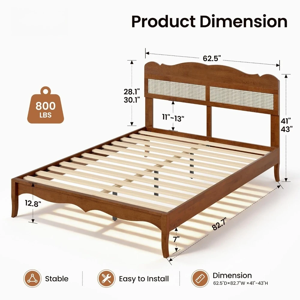 Solid Wood Queen Bed Frame with Adjustable Headboard, Customized image 2