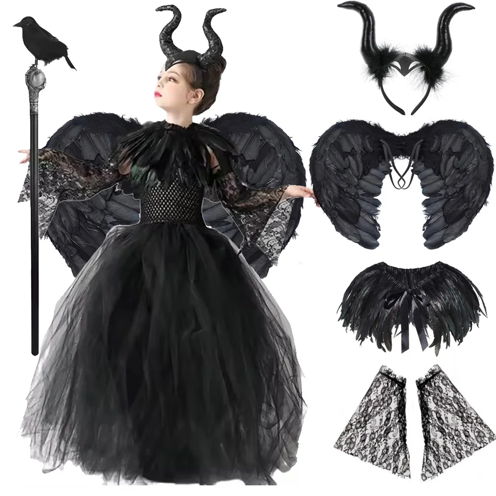 

Малефисента, темное платье ведьмы, костюм для косплея на Хэллоуин для девочек, костюм злой королевы, черное сетчатое платье принцессы, комплект воронной палочки