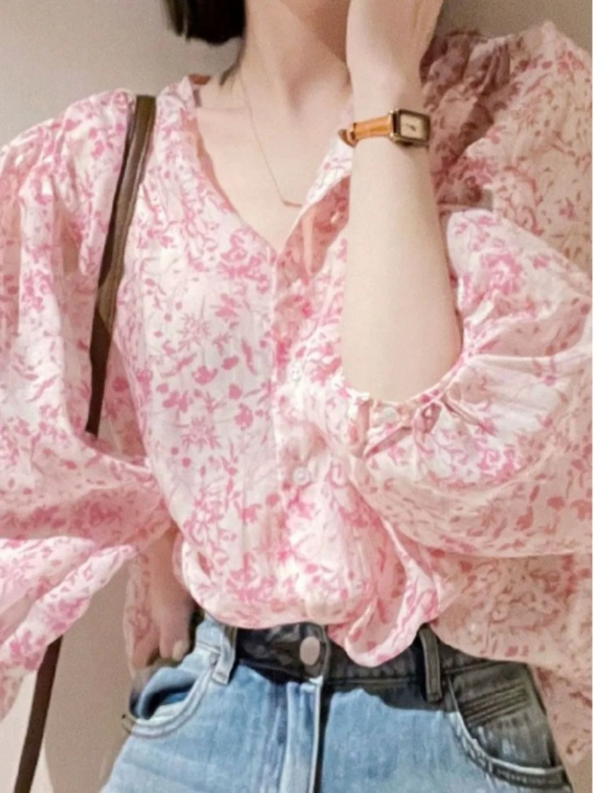 الربيع الصيف الأزهار طباعة فقاعة Sve irt المرأة فضفاضة V-Ne الشمس حماية مفتوحة سترة أعلى ريترو Sle طويل Sve #4