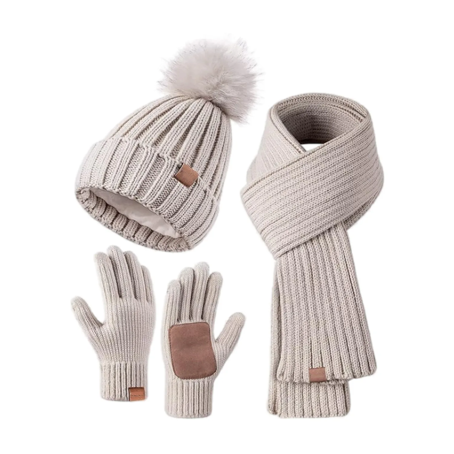 New Adult Women Winter Warm Touchscreen Gloves Three-piece Set Men Hat Scarf Set Ladies Windproof Fleece Comfortable Style Gents