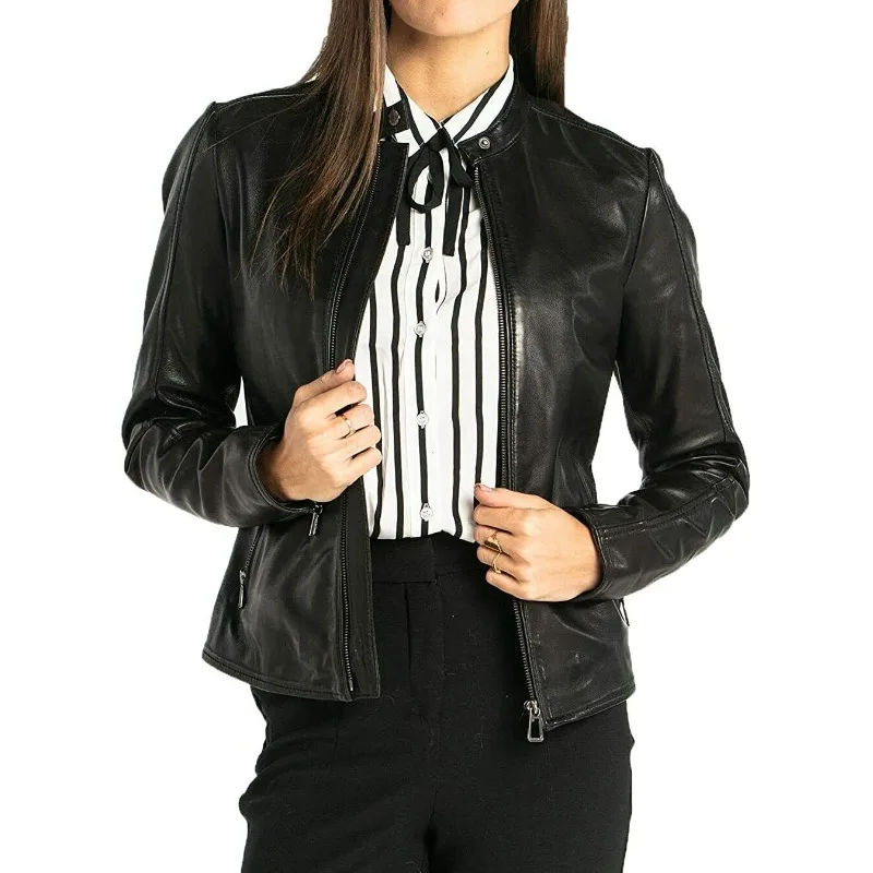 Classy Women's Black Real Genuine Lambskin Leather Jacket Biker Snap Collar Coat