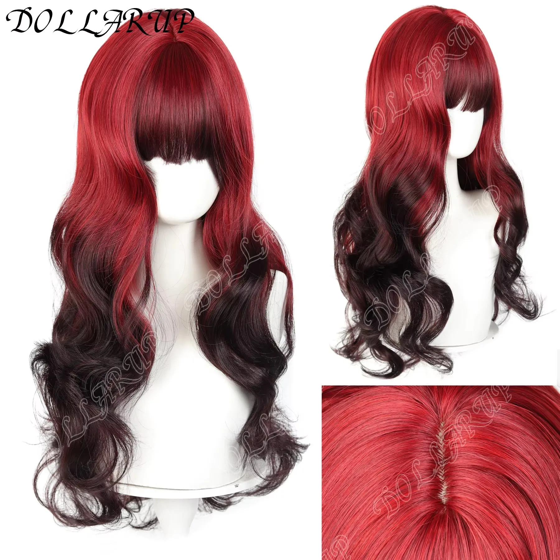 

JKL Кроваво-красный, черный длинный волнистый синтетический парик с челкой, готический костюм невесты на Хэллоуин, термостойкий парик для косплея, вечерние волосы