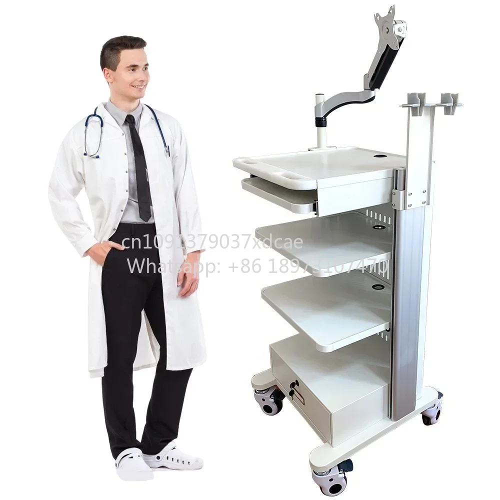 2026 NEW Adjustable Height ABS Plastic . Trolley 4-Layer Storage Hospital Mobile Workstation Cart With Monitor Mount For E