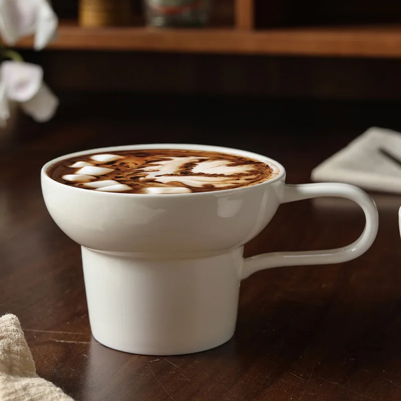 Vintage Wide Mouth Ceramic Coffee Cup for Women with Latte Art Design Pure White Mug