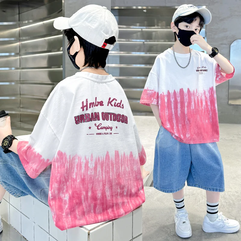 

New Summer Young Kids Tie-Dye Clothes Streetwear Print T-shirt Short Sleeve Tops Tees Boys Cotton Tshirts School Clothes 5-14 T